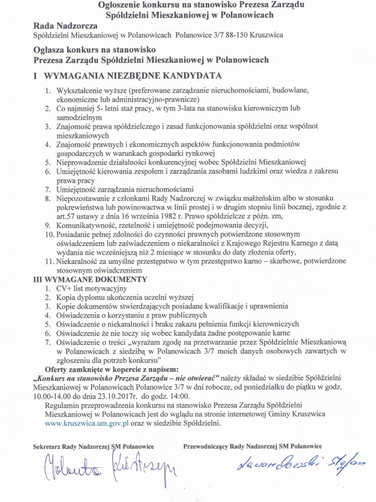 Konkurs na stanowisko Prezesa Zarządu Spółdzielni Mieszkaniowej w Polanowicach