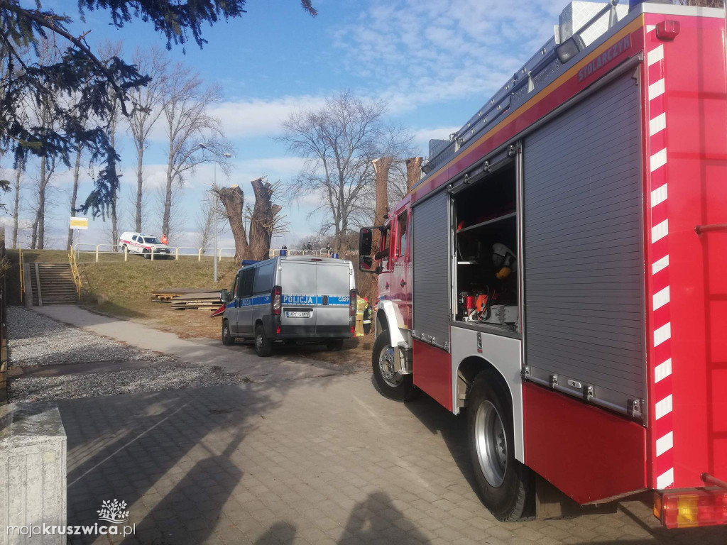 Akcja ratownicza nad brzegiem Gopła. Są strażacy, karetka pogotowia i policja