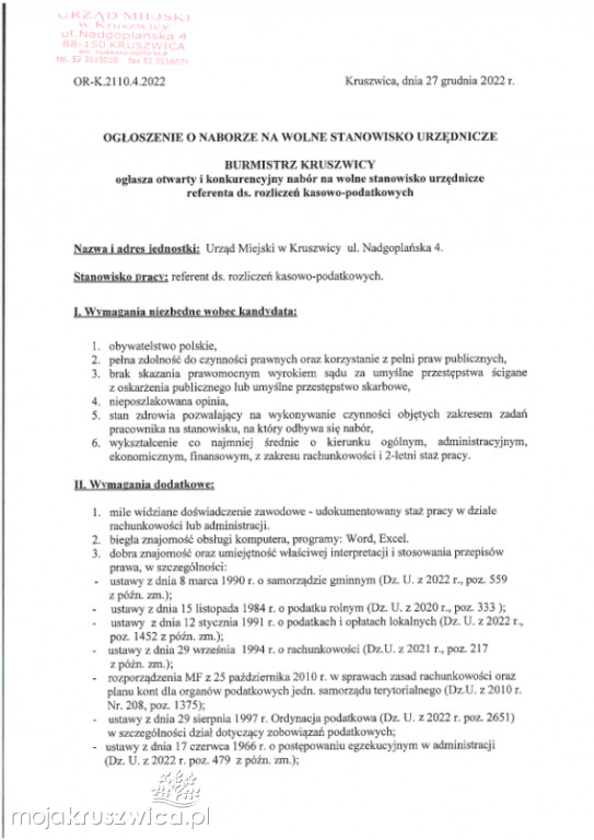 Jest oferta pracy w Urzędzie Miejskim w Kruszwicy na stanowisko referenta