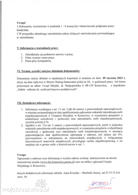 Jest oferta pracy w Urzędzie Miejskim w Kruszwicy na stanowisko referenta