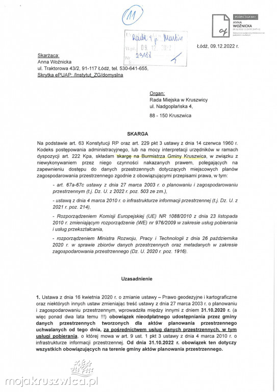 Burmistrz Kruszwicy jednym z adresatów skargi wysyłanej w całym kraju