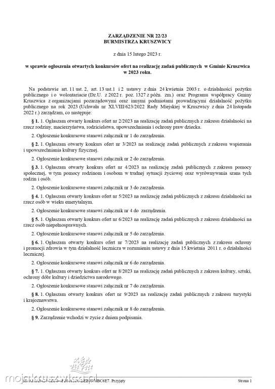 Jest zarządzenie Burmistrza Kruszwicy w sprawie otwartych konkursów ofert