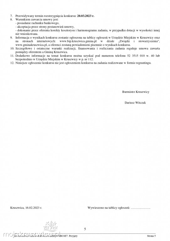 Jest zarządzenie Burmistrza Kruszwicy w sprawie otwartych konkursów ofert