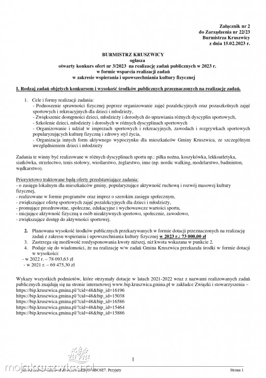 Jest zarządzenie Burmistrza Kruszwicy w sprawie otwartych konkursów ofert
