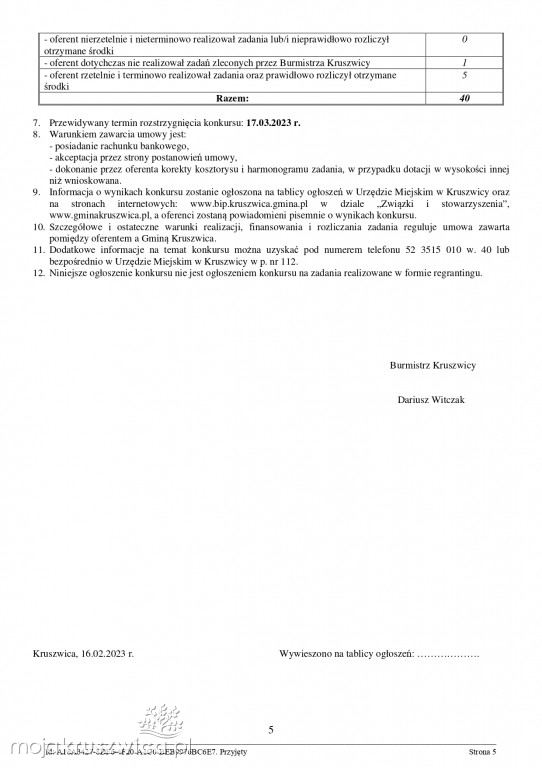 Jest zarządzenie Burmistrza Kruszwicy w sprawie otwartych konkursów ofert