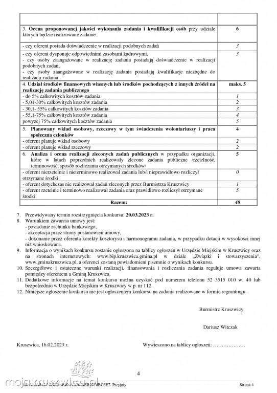Jest zarządzenie Burmistrza Kruszwicy w sprawie otwartych konkursów ofert