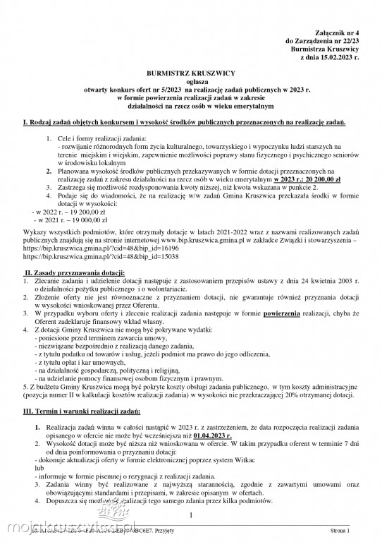 Jest zarządzenie Burmistrza Kruszwicy w sprawie otwartych konkursów ofert
