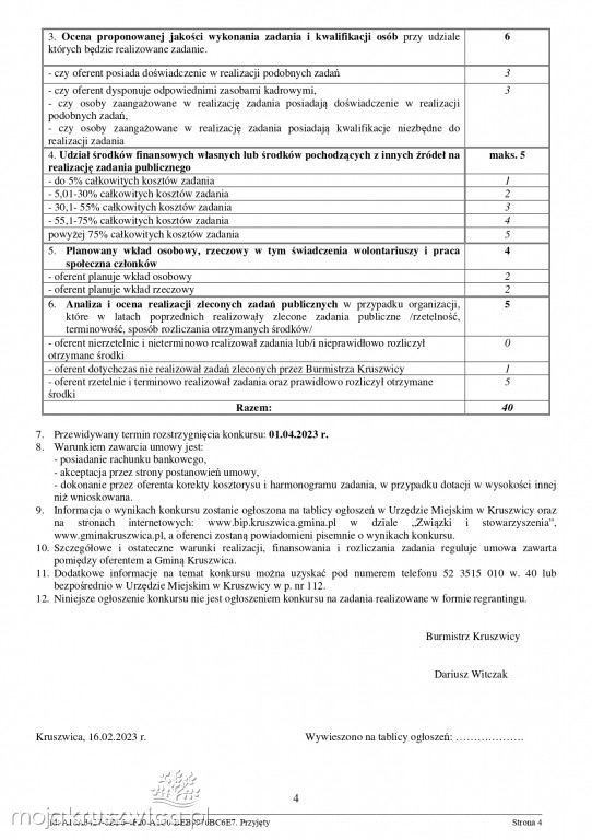 Jest zarządzenie Burmistrza Kruszwicy w sprawie otwartych konkursów ofert