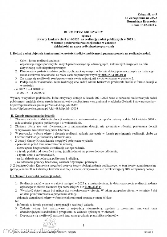 Jest zarządzenie Burmistrza Kruszwicy w sprawie otwartych konkursów ofert