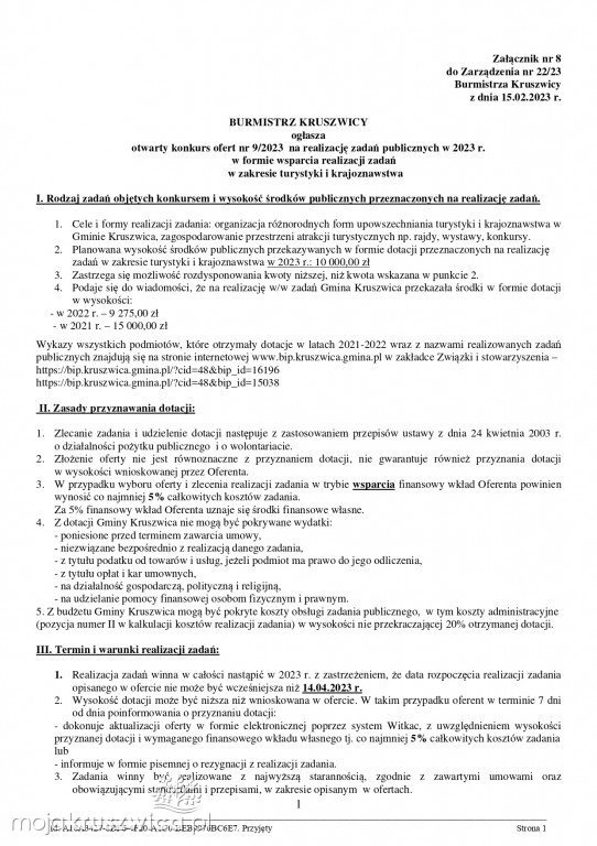Jest zarządzenie Burmistrza Kruszwicy w sprawie otwartych konkursów ofert