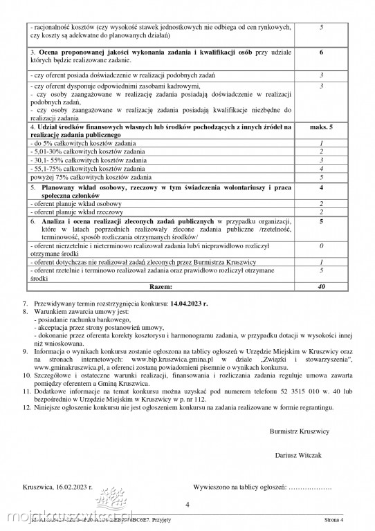 Jest zarządzenie Burmistrza Kruszwicy w sprawie otwartych konkursów ofert