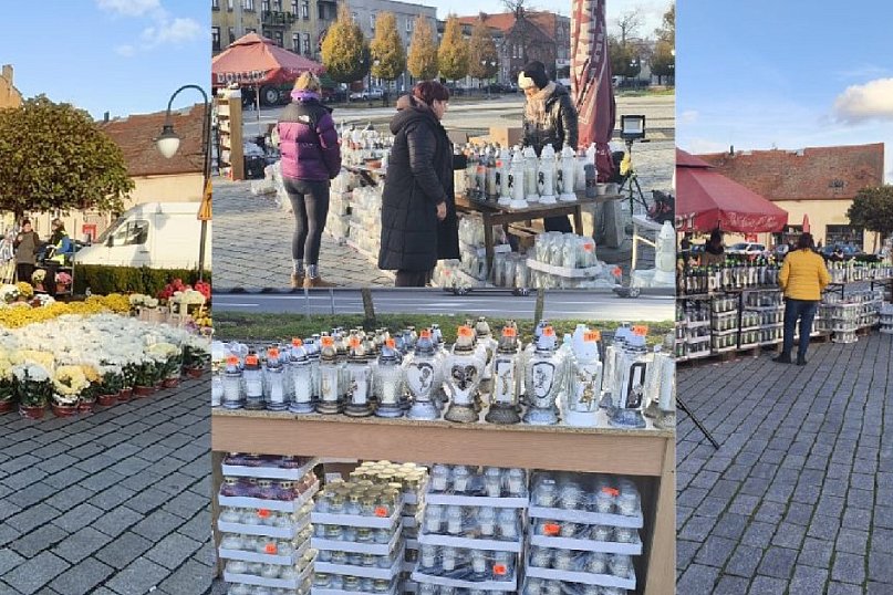 Na kruszwickim rynku trwa handel zniczami i kwiatami [FOTO]